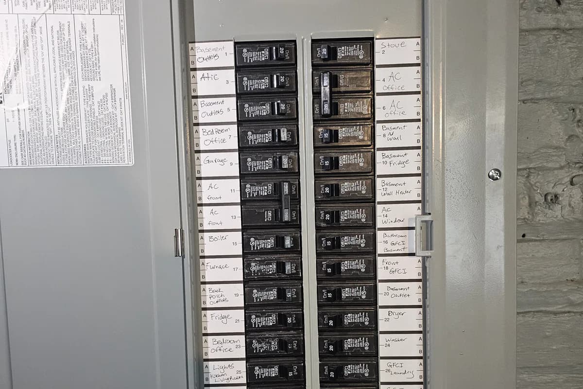 Labeled circuit breakers inside a residential electrical panel